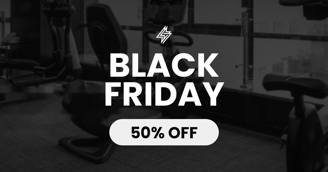 Gymsets Black Friday 50% off banner in a gym setting